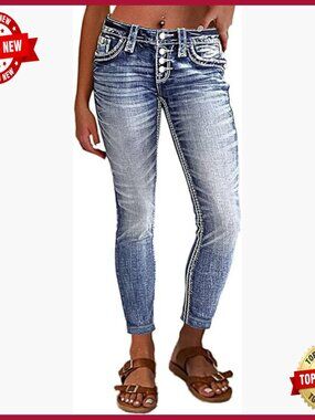 Mid Waist Straight Leg Denim Jeans Button Fly Ripped Casual Pants